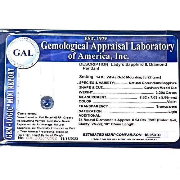 Natural Sapphire Diamond Pendant 18" 14k WG 3.84 TCW Certified 310562 - Picture 14 of 14